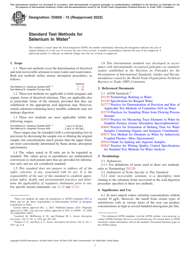 ASTM D3859-15(2023) - Standard Test Methods for  Selenium in Water