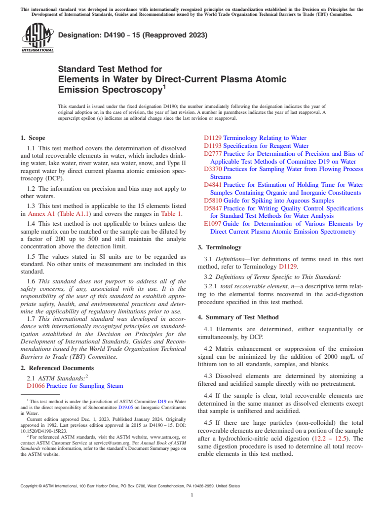 ASTM D4190-15(2023) - Standard Test Method for  Elements in Water by Direct-Current  Plasma Atomic Emission   Spectroscopy