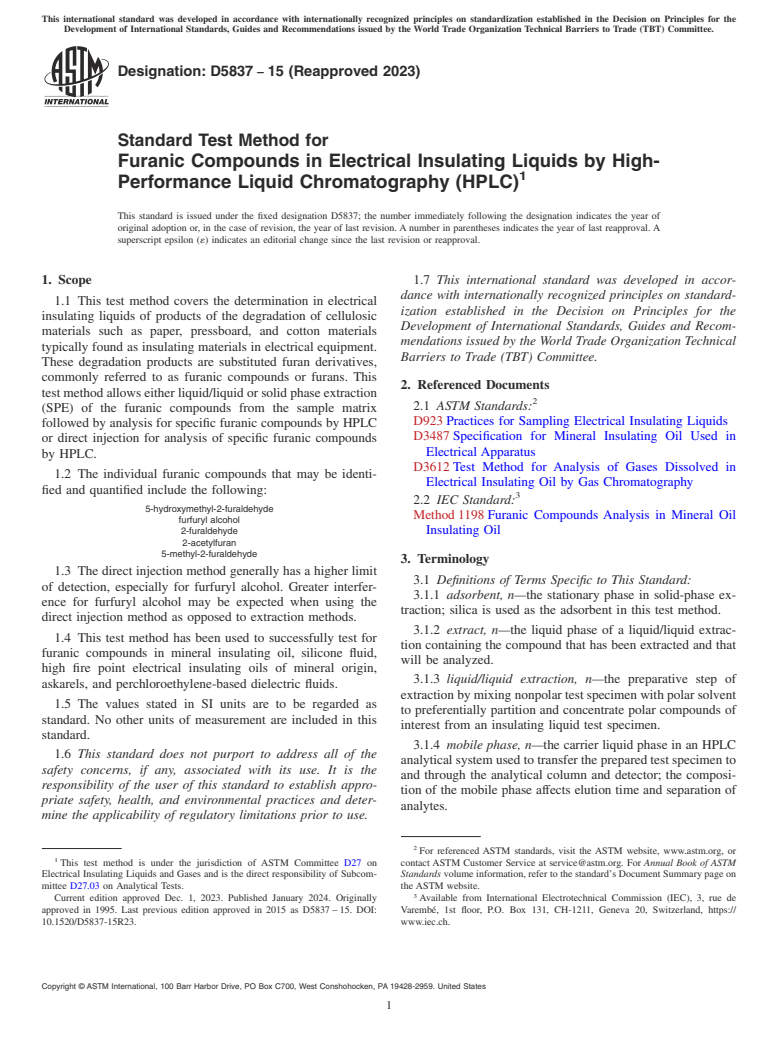 ASTM D5837-15(2023) - Standard Test Method for  Furanic Compounds in Electrical Insulating Liquids by High-Performance   Liquid Chromatography (HPLC)