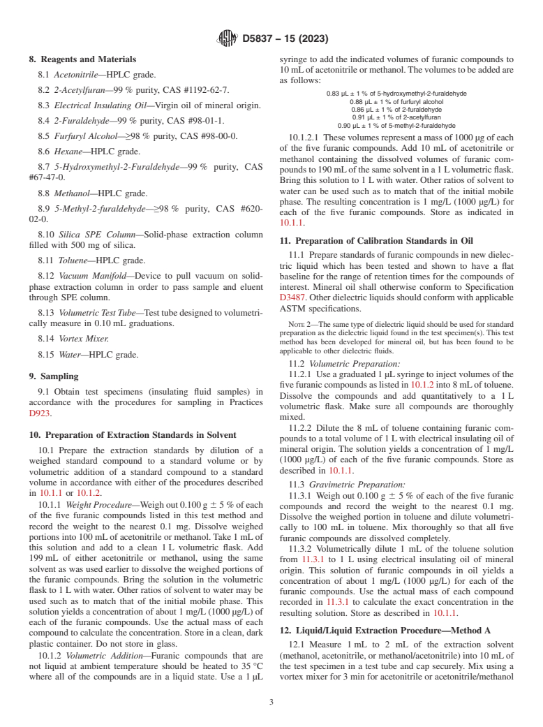 ASTM D5837-15(2023) - Standard Test Method for  Furanic Compounds in Electrical Insulating Liquids by High-Performance   Liquid Chromatography (HPLC)