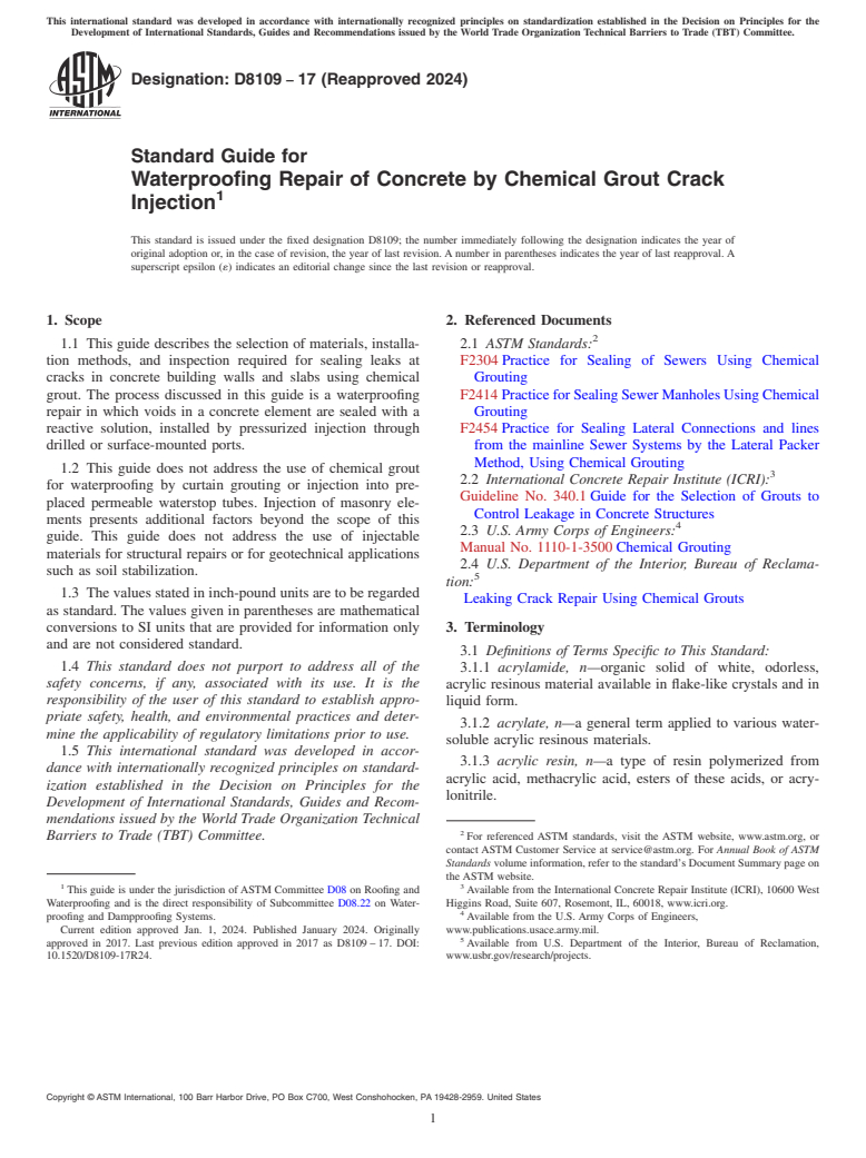 ASTM D8109-17(2024) - Standard Guide for Waterproofing Repair of Concrete by Chemical Grout Crack Injection