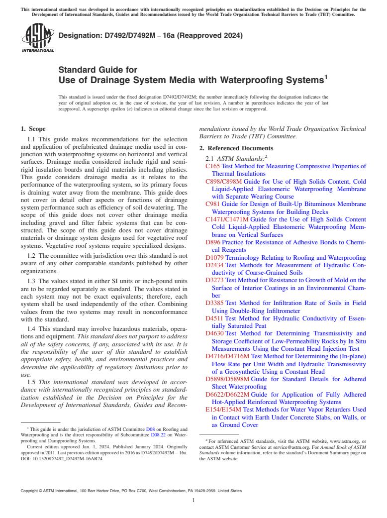 ASTM D7492/D7492M-16a(2024) - Standard Guide for  Use of Drainage System Media with Waterproofing Systems