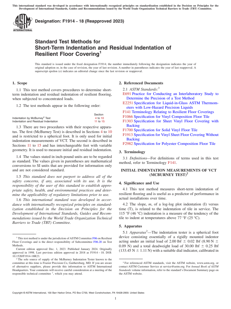 ASTM F1914-18(2023) - Standard Test Methods for  Short-Term Indentation and Residual Indentation of Resilient  Floor Covering