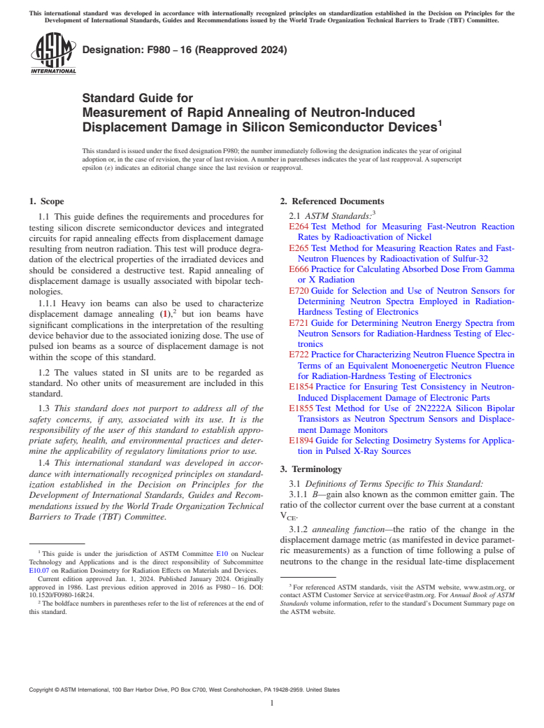 ASTM F980-16(2024) - Standard Guide for  Measurement of Rapid Annealing of Neutron-Induced Displacement   Damage in Silicon Semiconductor Devices