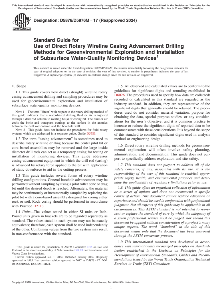 ASTM D5876/D5876M-17(2024) - Standard Guide for Use of Direct Rotary Wireline Casing Advancement Drilling Methods  for Geoenvironmental Exploration and Installation of Subsurface Water-Quality  Monitoring Devices