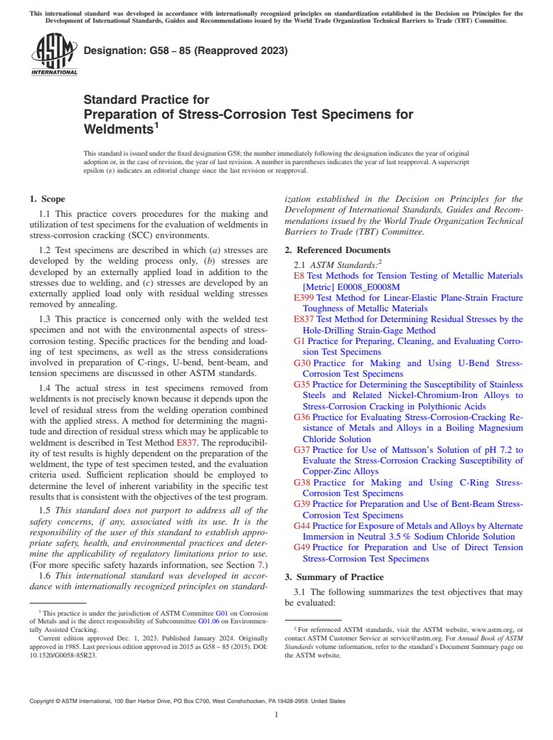 ASTM G58-85(2023) - Standard Practice for  Preparation of Stress-Corrosion Test Specimens for Weldments
