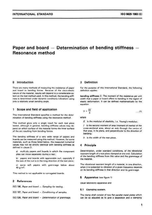 ISO 5629:1983 - Paper and board -- Determination of bending stiffness -- Resonance method