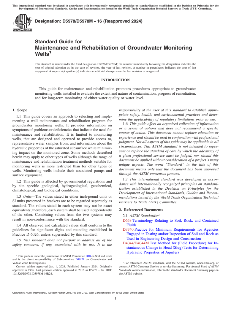 ASTM D5978/D5978M-16(2024) - Standard Guide for Maintenance and Rehabilitation of Groundwater Monitoring Wells