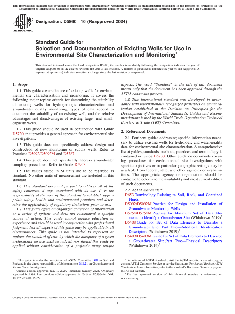 ASTM D5980-16(2024) - Standard Guide for Selection and Documentation of Existing Wells for Use in Environmental   Site Characterization and Monitoring