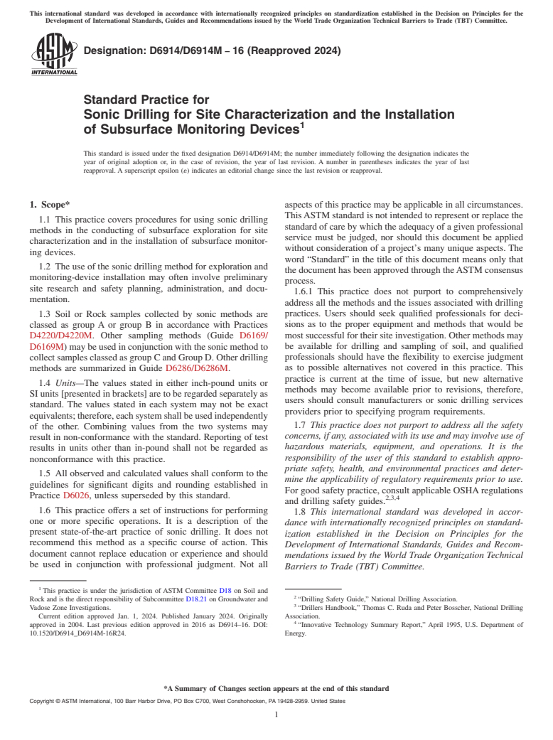 ASTM D6914/D6914M-16(2024) - Standard Practice for Sonic Drilling for Site Characterization and the Installation  of Subsurface Monitoring Devices