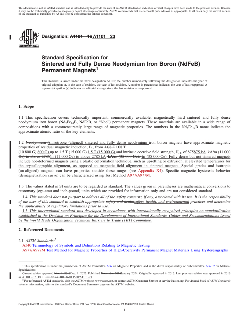 REDLINE ASTM A1101-23 - Standard Specification for Sintered and Fully Dense Neodymium Iron Boron (NdFeB) Permanent  Magnets