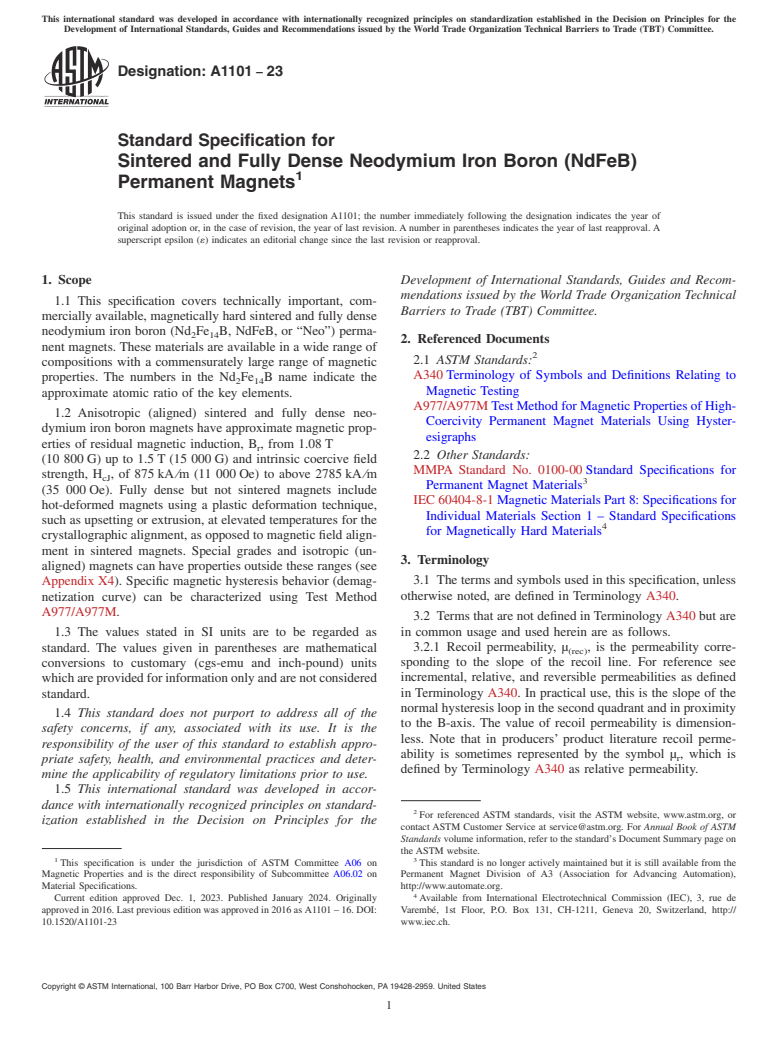 ASTM A1101-23 - Standard Specification for Sintered and Fully Dense Neodymium Iron Boron (NdFeB) Permanent  Magnets