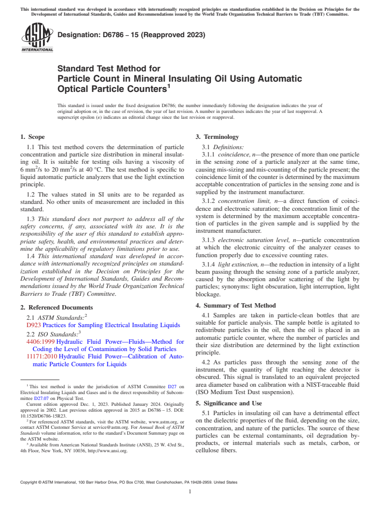 ASTM D6786-15(2023) - Standard Test Method for  Particle Count in Mineral Insulating Oil Using Automatic Optical   Particle Counters