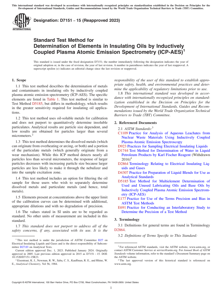 ASTM D7151-15(2023) - Standard Test Method for  Determination of Elements in Insulating Oils by Inductively   Coupled  Plasma Atomic Emission Spectrometry (ICP-AES)