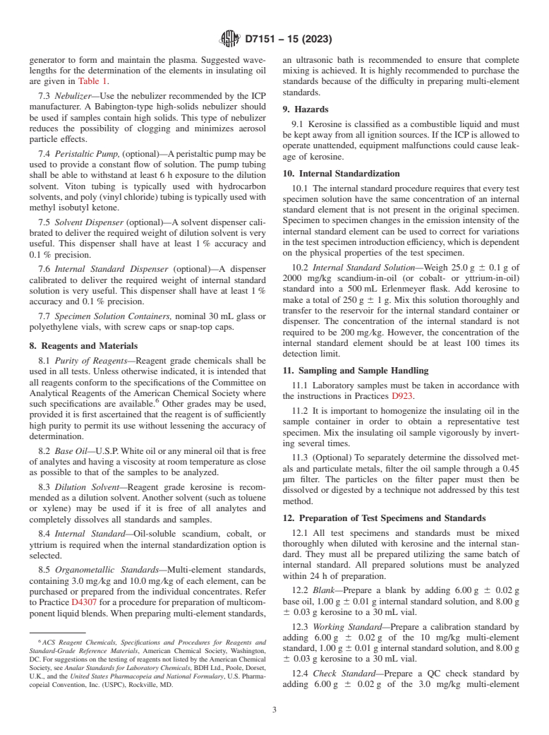 ASTM D7151-15(2023) - Standard Test Method for  Determination of Elements in Insulating Oils by Inductively   Coupled  Plasma Atomic Emission Spectrometry (ICP-AES)