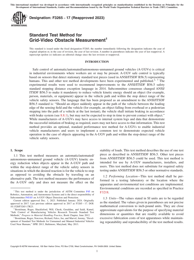 ASTM F3265-17(2023) - Standard Test Method for Grid-Video Obstacle Measurement