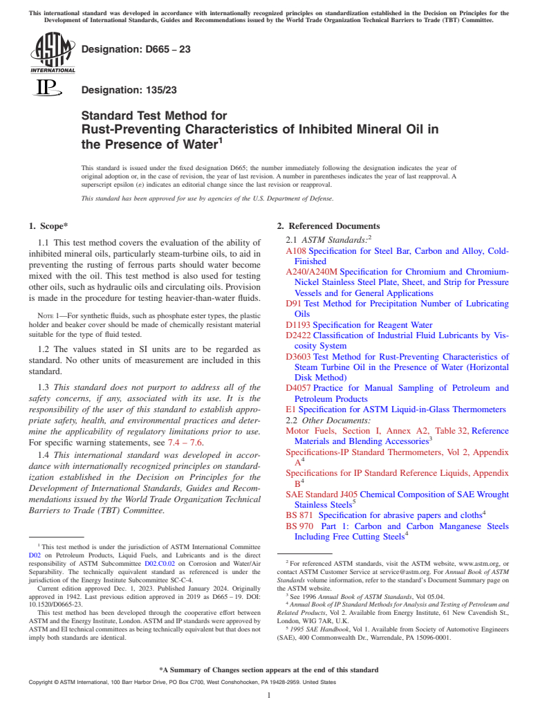 ASTM D665-23 - Standard Test Method for Rust-Preventing Characteristics of Inhibited Mineral Oil in  the Presence of Water