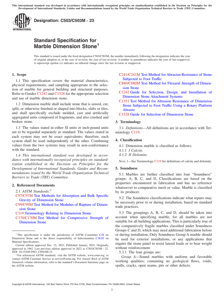 ASTM C503/C503M-23 - Standard Specification for  Marble Dimension Stone