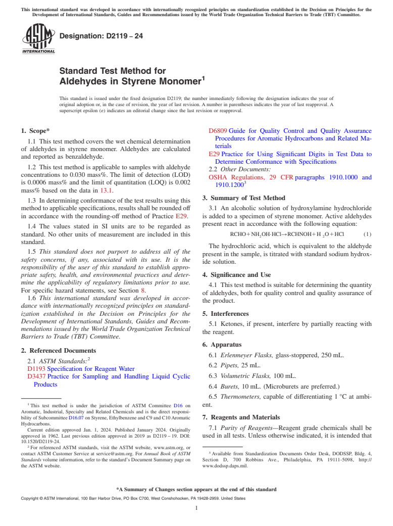 ASTM D2119-24 - Standard Test Method for  Aldehydes in Styrene Monomer