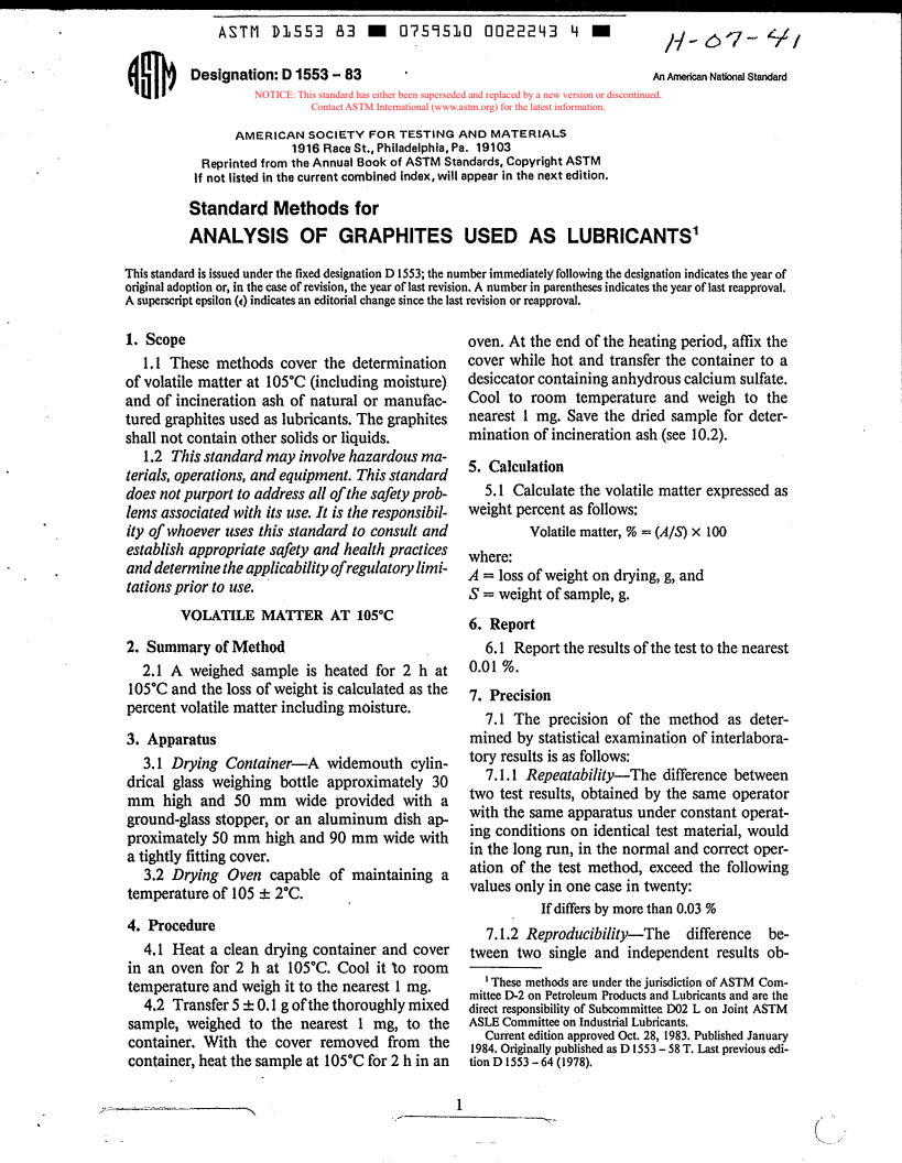 ASTM D1553-83 - Method for Analysis of Graphites Used as Lubricants (Withdrawn 1990)