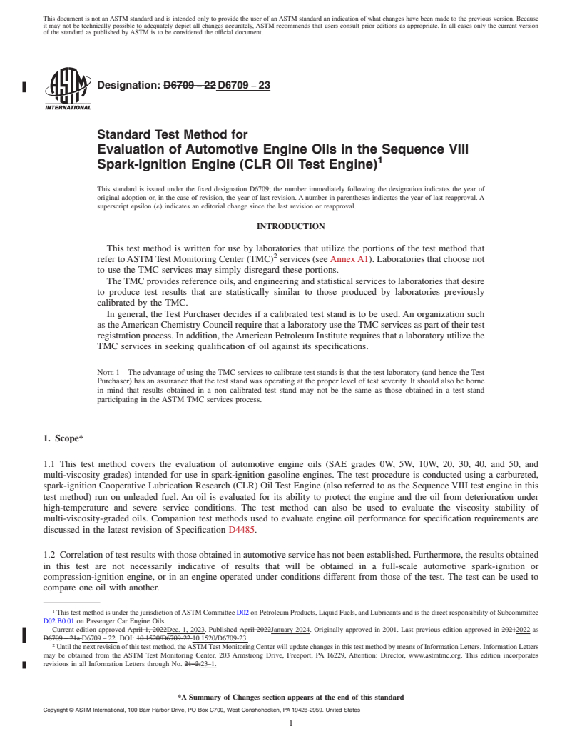 REDLINE ASTM D6709-23 - Standard Test Method for  Evaluation of Automotive Engine Oils in the Sequence VIII Spark-Ignition   Engine (CLR Oil Test Engine)
