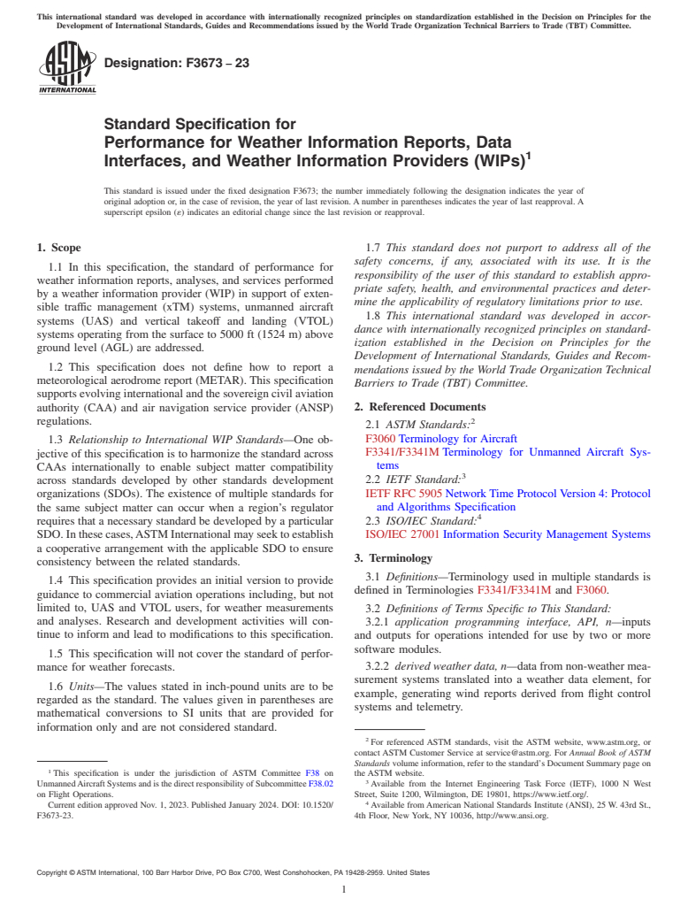 ASTM F3673-23 - Standard Specification for Performance for Weather Information Reports, Data Interfaces,  and Weather Information Providers (WIPs)