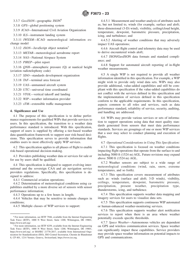 ASTM F3673-23 - Standard Specification for Performance for Weather Information Reports, Data Interfaces,  and Weather Information Providers (WIPs)