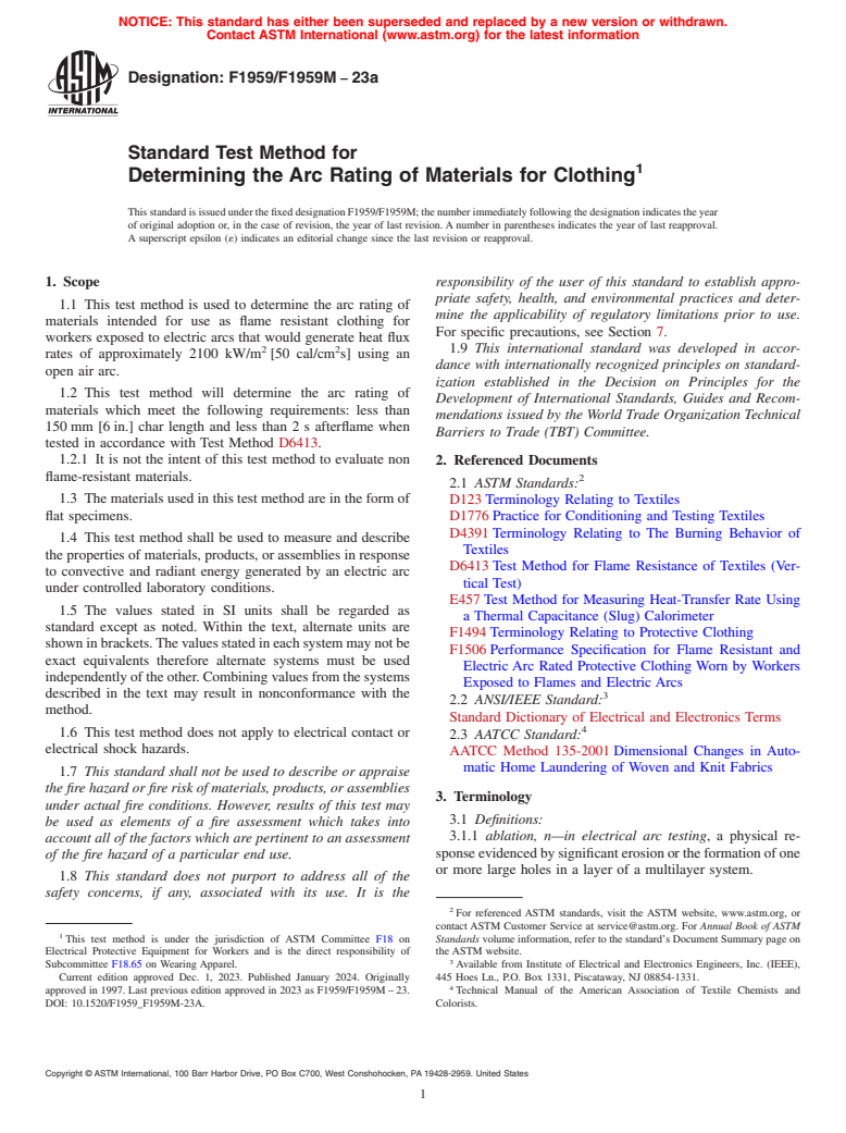 ASTM F1959/F1959M-23a - Standard Test Method for  Determining the Arc Rating of Materials for Clothing