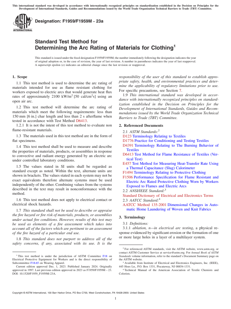 ASTM F1959/F1959M-23a - Standard Test Method for  Determining the Arc Rating of Materials for Clothing