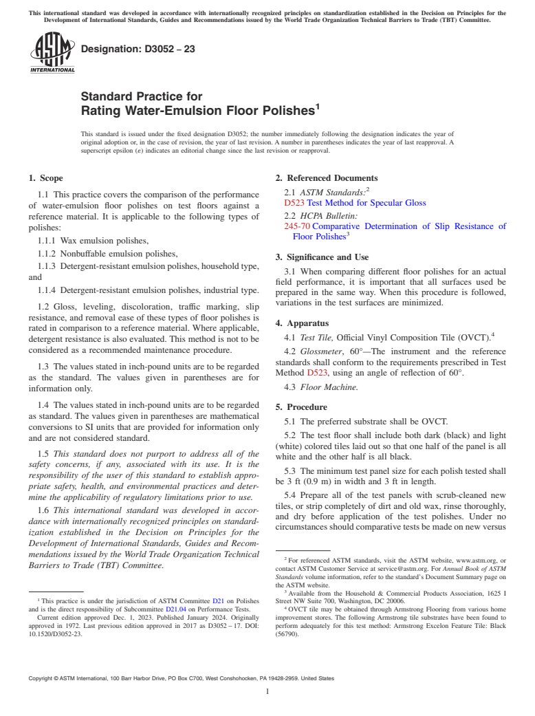 ASTM D3052-23 - Standard Practice for  Rating Water-Emulsion Floor Polishes