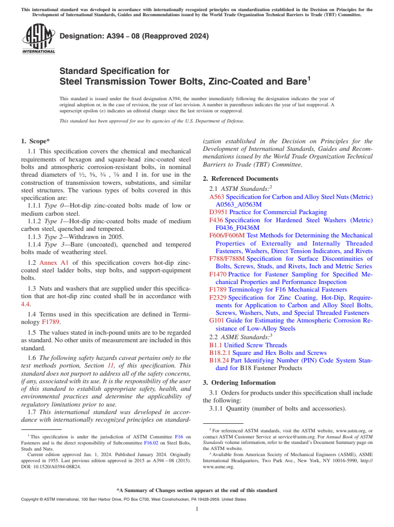 ASTM A394-08(2024) - Standard Specification for  Steel Transmission Tower Bolts, Zinc-Coated and Bare