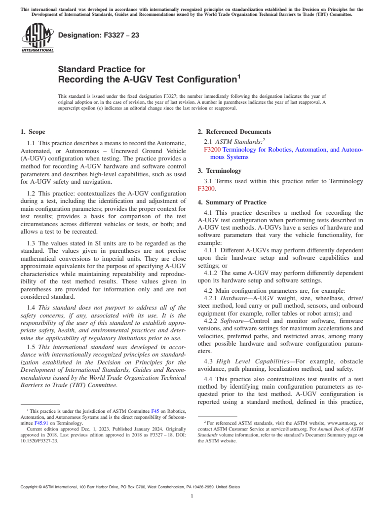 ASTM F3327-23 - Standard Practice for Recording the A-UGV Test Configuration