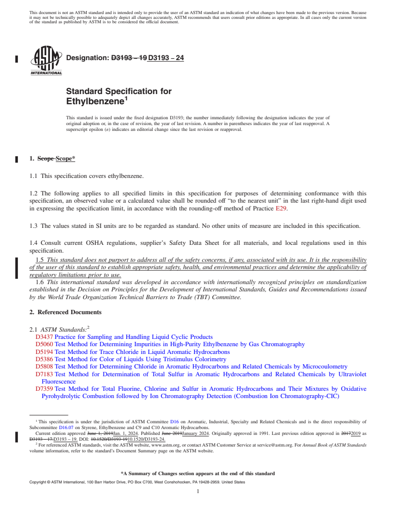 REDLINE ASTM D3193-24 - Standard Specification for Ethylbenzene
