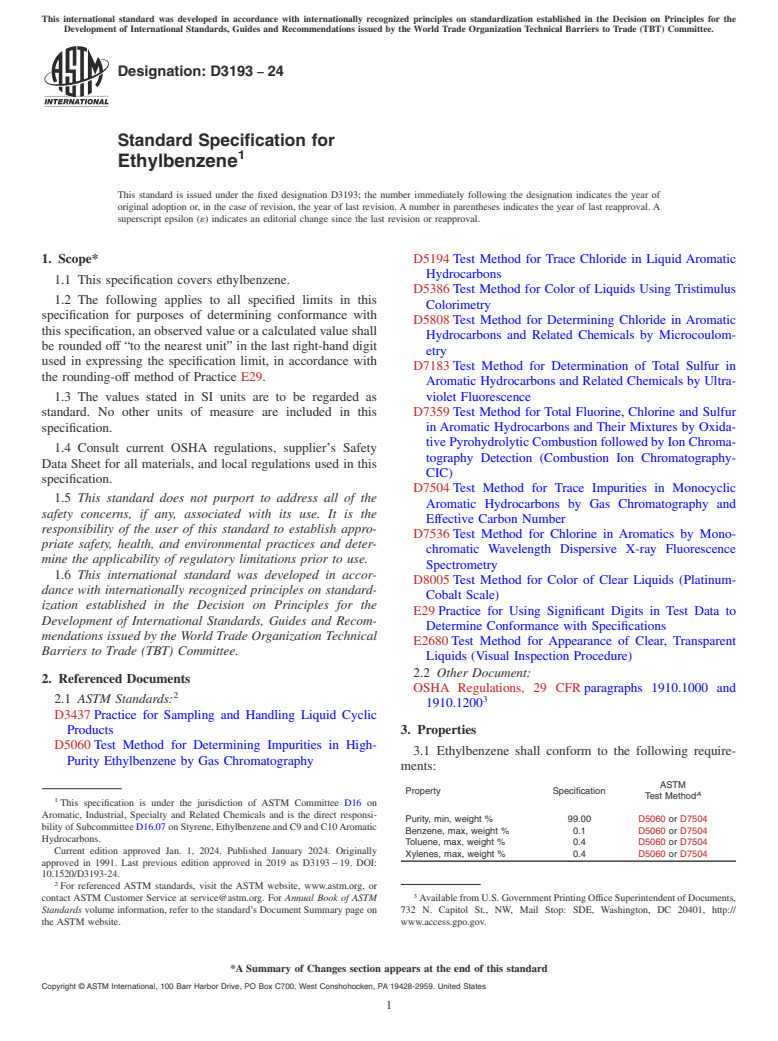 ASTM D3193-24 - Standard Specification for Ethylbenzene