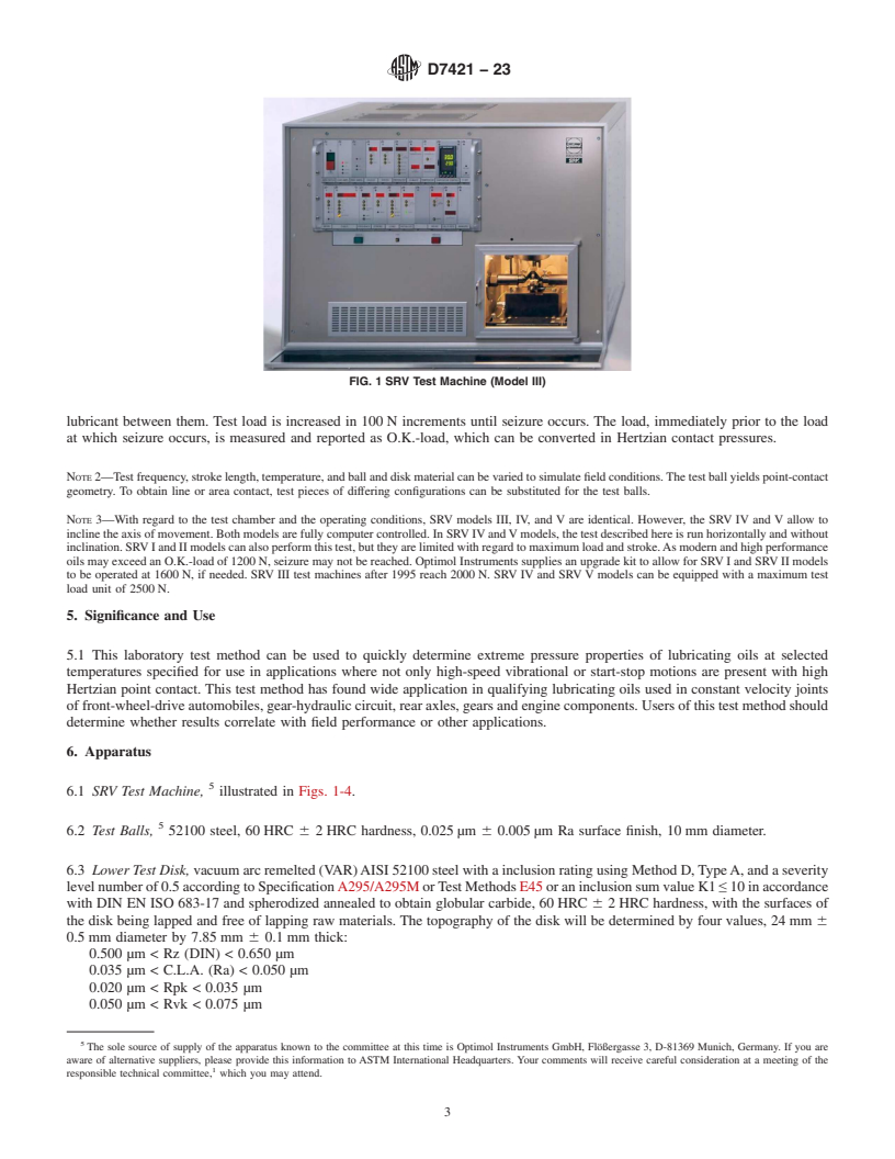 REDLINE ASTM D7421-23 - Standard Test Method for  Determining Extreme Pressure Properties of Lubricating Oils  Using High-Frequency, Linear-Oscillation (SRV) Test Machine