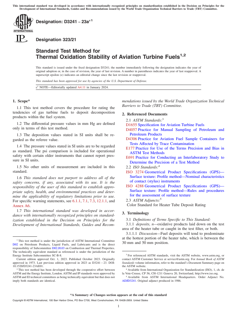 ASTM D3241-23ae1 - Standard Test Method for Thermal Oxidation Stability of Aviation Turbine Fuels