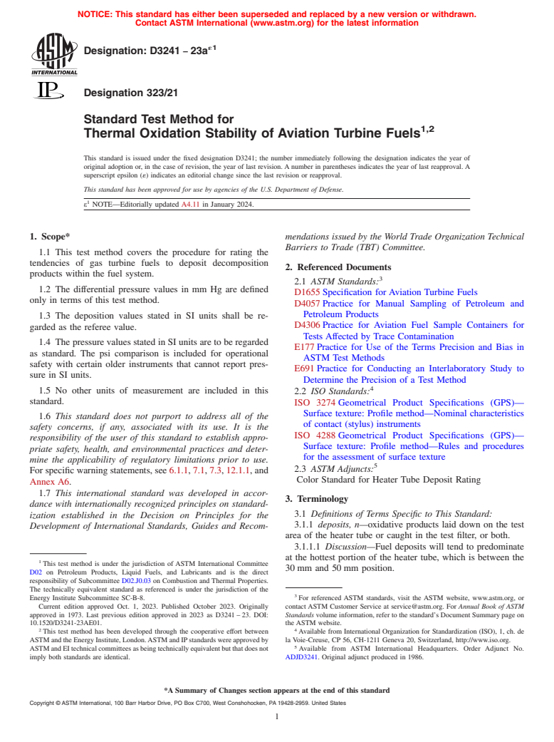 ASTM D3241-23ae1 - Standard Test Method for Thermal Oxidation Stability of Aviation Turbine Fuels