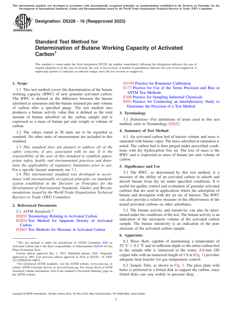 ASTM D5228-16(2023) - Standard Test Method for Determination of Butane Working Capacity of Activated Carbon