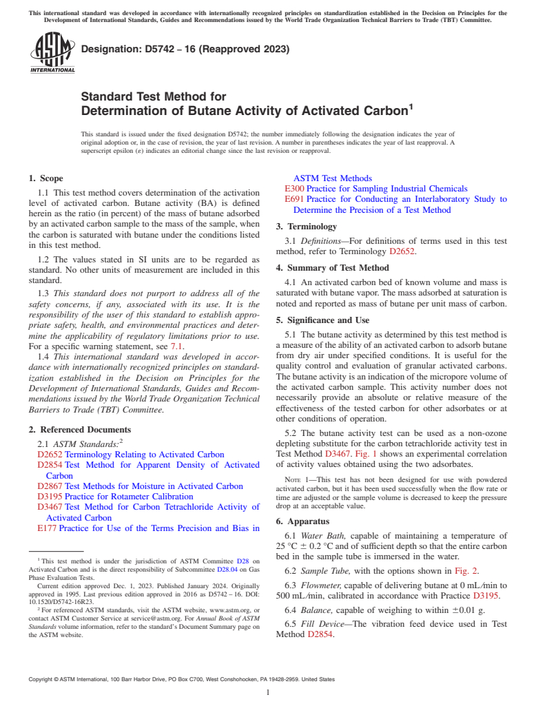 ASTM D5742-16(2023) - Standard Test Method for Determination of Butane Activity of Activated Carbon