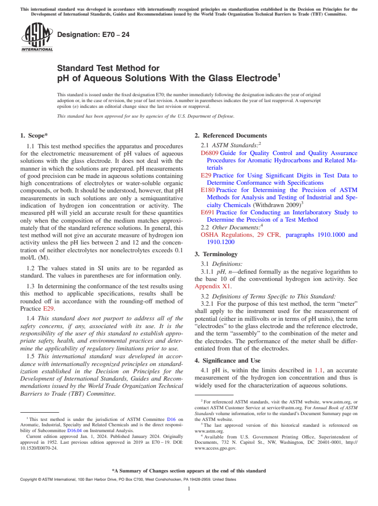 ASTM E70-24 - Standard Test Method for pH of Aqueous Solutions With the Glass Electrode