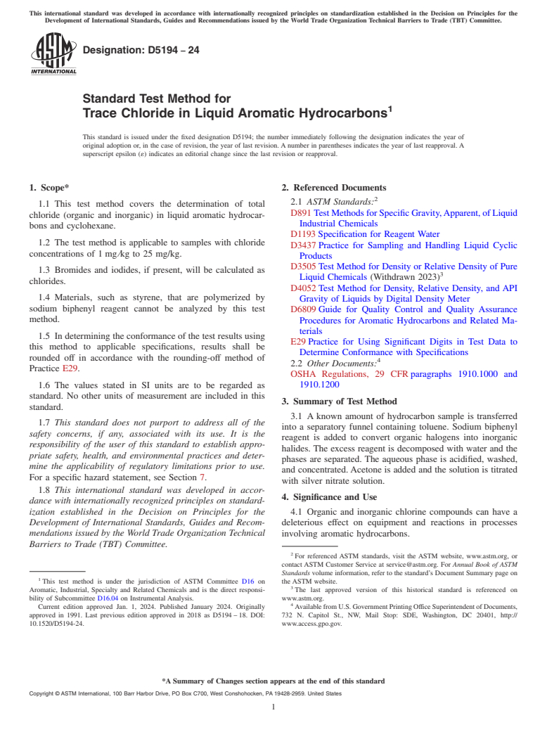 ASTM D5194-24 - Standard Test Method for Trace Chloride in Liquid Aromatic Hydrocarbons
