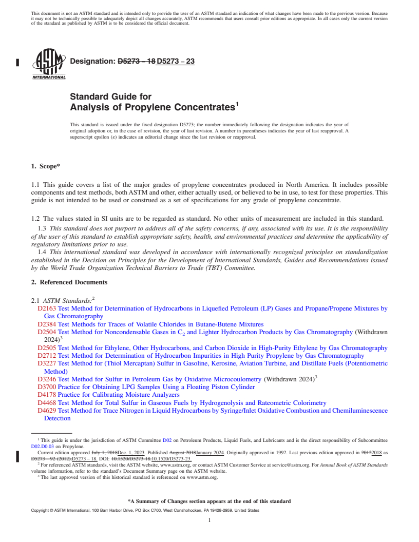 REDLINE ASTM D5273-23 - Standard Guide for  Analysis of Propylene Concentrates