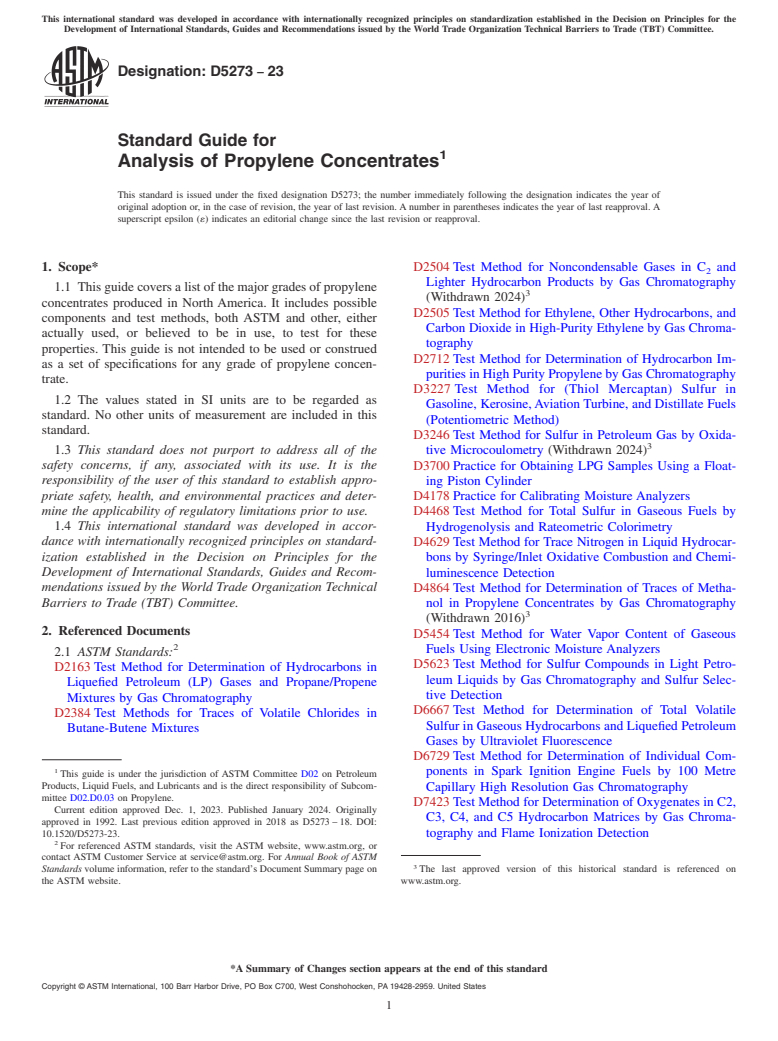 ASTM D5273-23 - Standard Guide for  Analysis of Propylene Concentrates