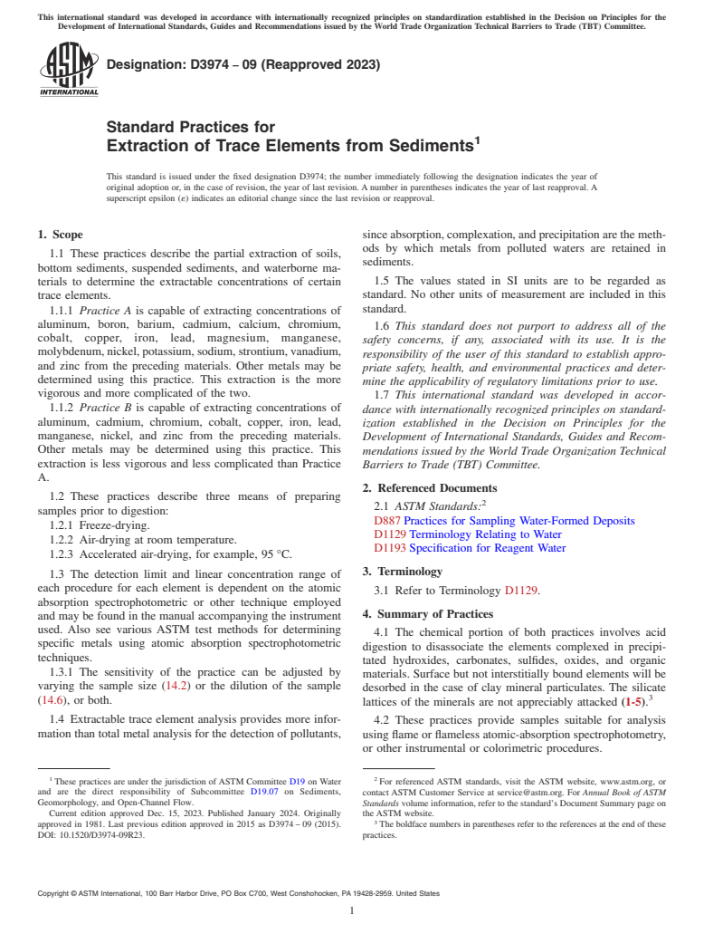 ASTM D3974-09(2023) - Standard Practices for  Extraction of Trace Elements from Sediments