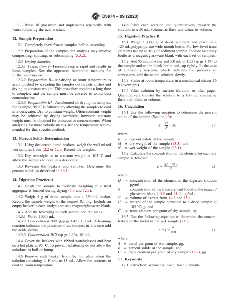 ASTM D3974-09(2023) - Standard Practices for  Extraction of Trace Elements from Sediments