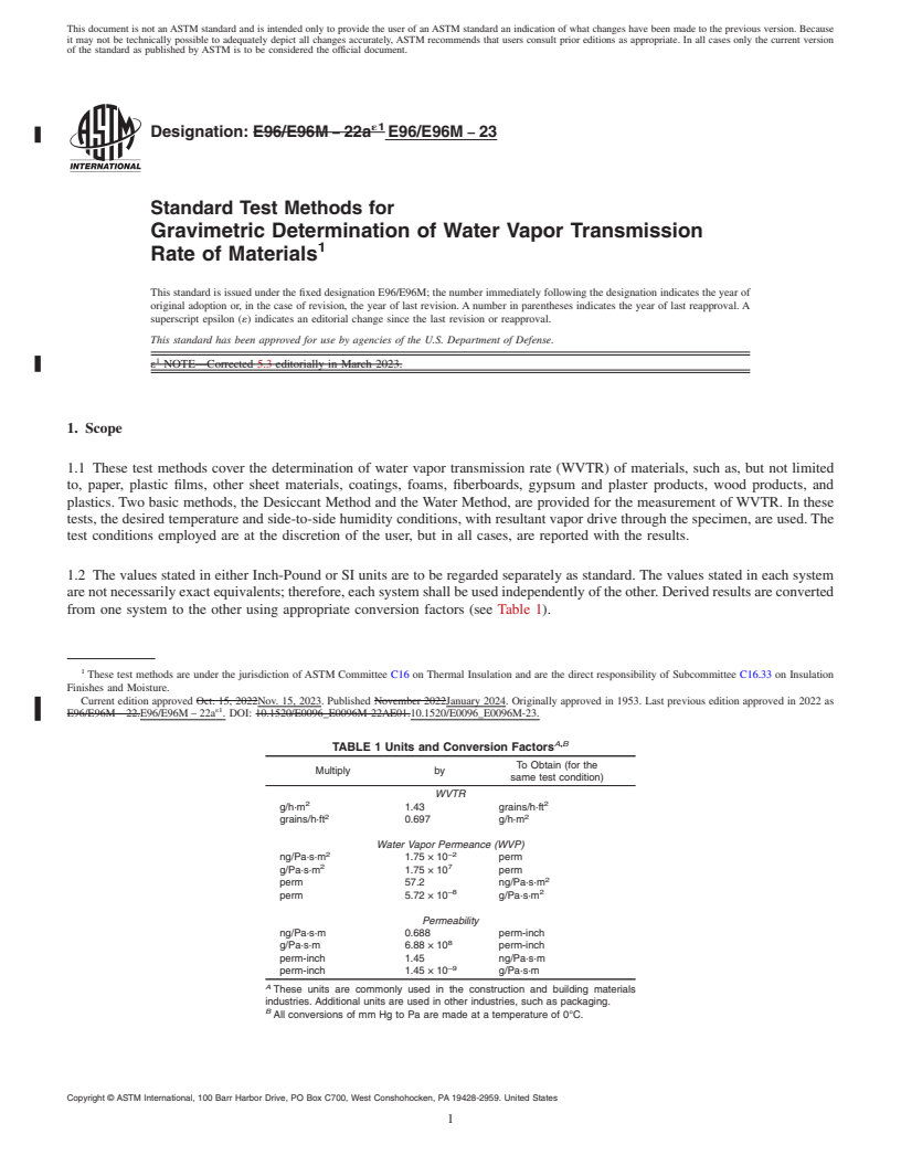 REDLINE ASTM E96/E96M-23 - Standard Test Methods for Gravimetric Determination of Water Vapor Transmission Rate  of Materials