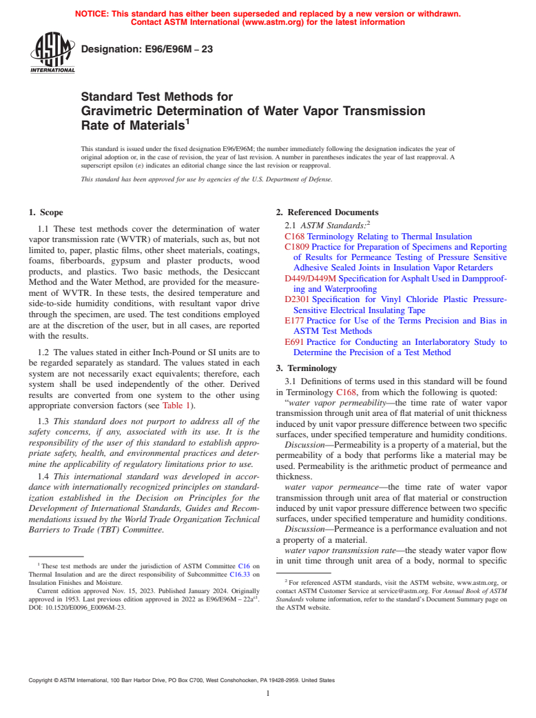 ASTM E96/E96M-23 - Standard Test Methods for Gravimetric Determination of Water Vapor Transmission Rate  of Materials