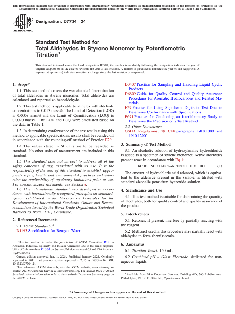 ASTM D7704-24 - Standard Test Method for Total Aldehydes in Styrene Monomer by Potentiometric Titration