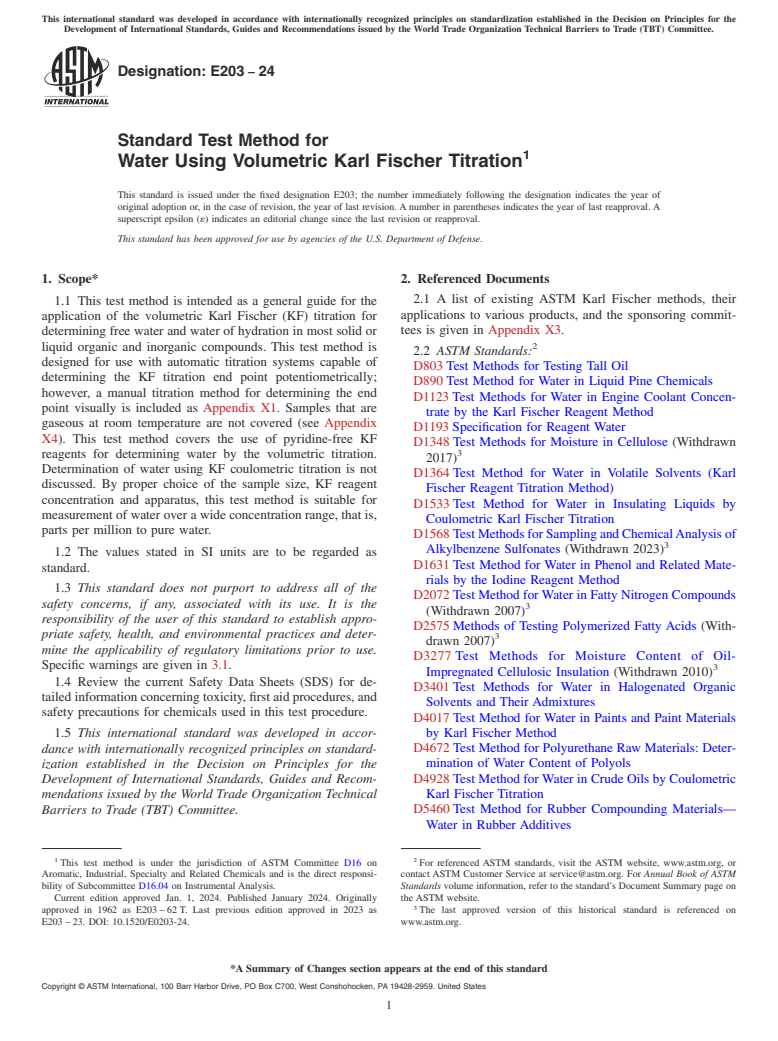 ASTM E203-24 - Standard Test Method for Water Using Volumetric Karl Fischer Titration