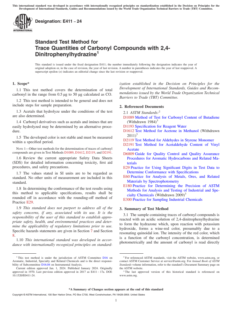 ASTM E411-24 - Standard Test Method for Trace Quantities of Carbonyl Compounds with 2,4-Dinitrophenylhydrazine